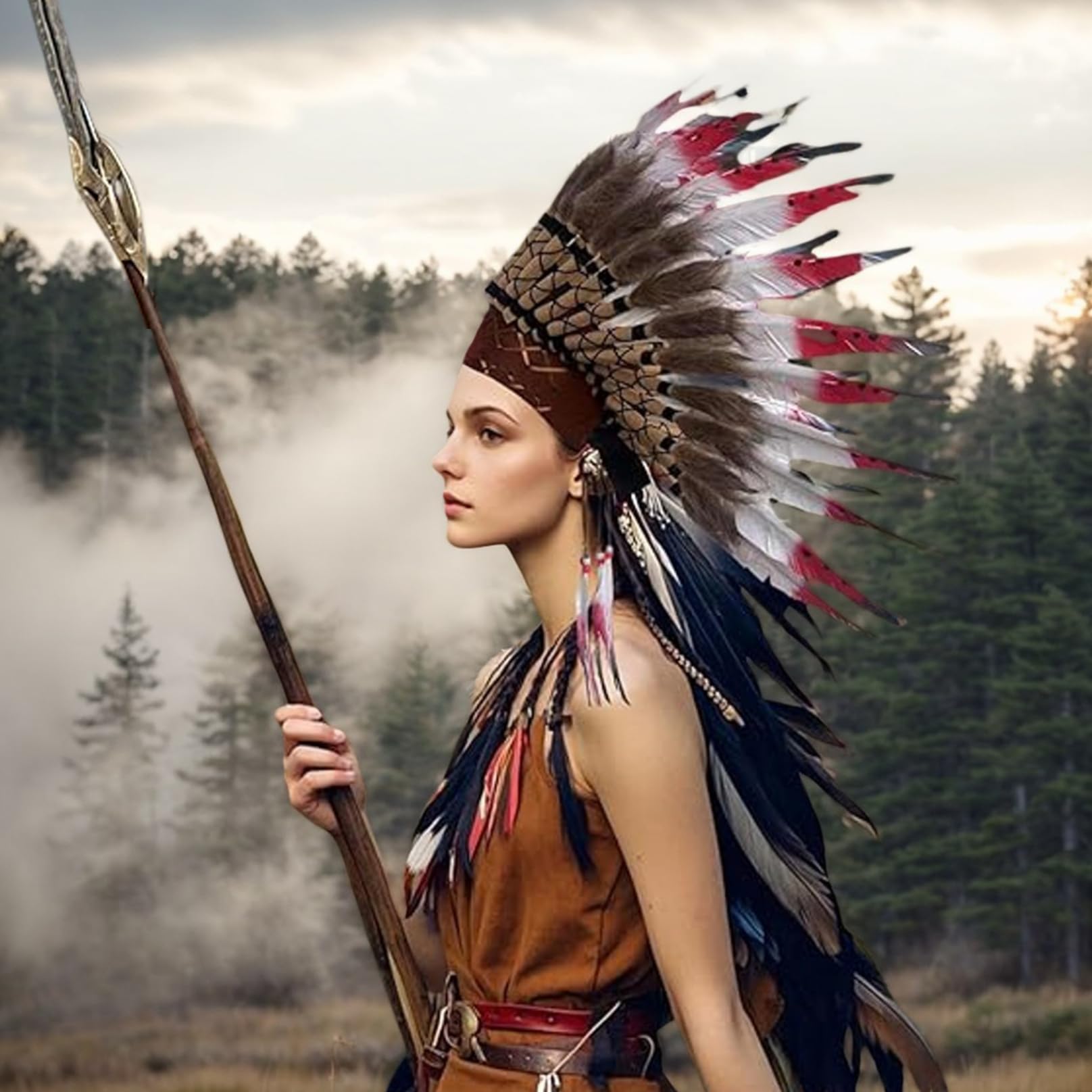 Coiffe indienne plumes casque indien cosplay amérindien costumes d'Halloween pour hommes femmes, coiffure amérindienne rouge