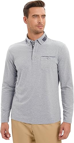 Miniatura 2 de Camisas polo de manga larga para hombre, camisas de golf de negocios casuales con cuello de botón con bolsillo
