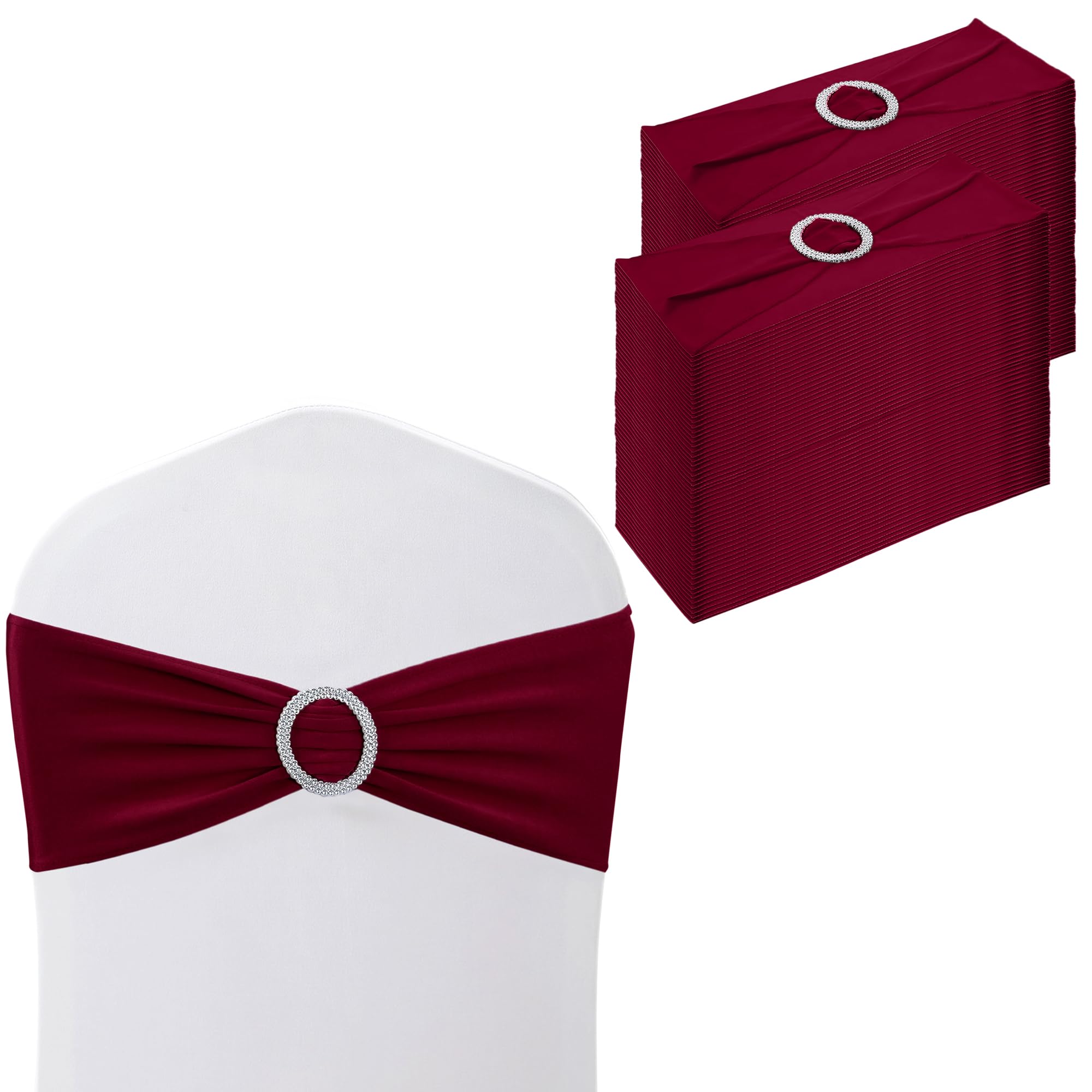 WedDecor Stretch Chair Bands Plain Spandex Band with Slider Buckle for Wedding Party Chair Decoration, Events Supplies, Formal Meeting, Burgundy, 13 x 6 Inches, 100pcs