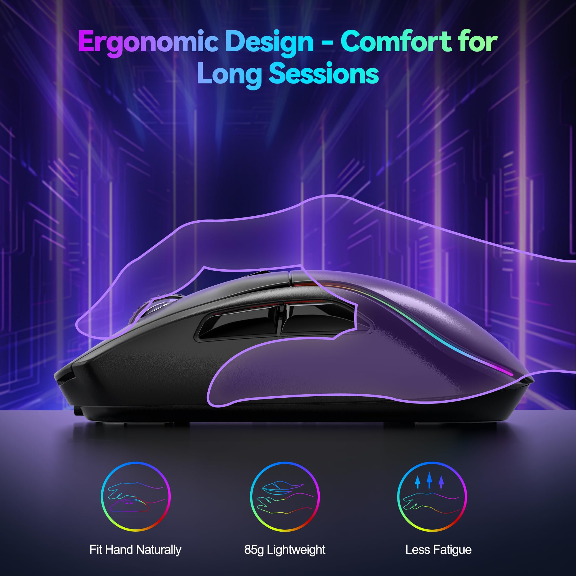 TECKNET Mouse da gioco senza fili, 24000 DPI con tre modalità di connessione e 6 luci RGB, ricaricabile, mouse ergonomico Bluetooth, velocità di interrogazione 1000 Hz e 6 tasti programmabili per PC