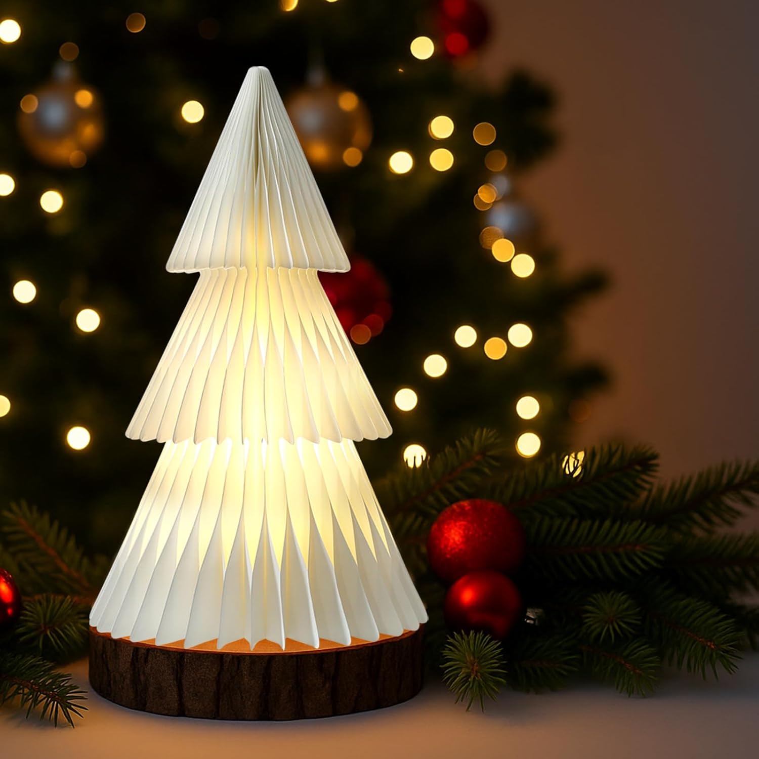 20 Inch LED Honeycomb Christmas Tree Decoration Foldable Paper Christmas Tree with Built-in Wooden LED Light Base USB Powered 3 Color Lights Velcro Tabs Holiday Tabletop Decor