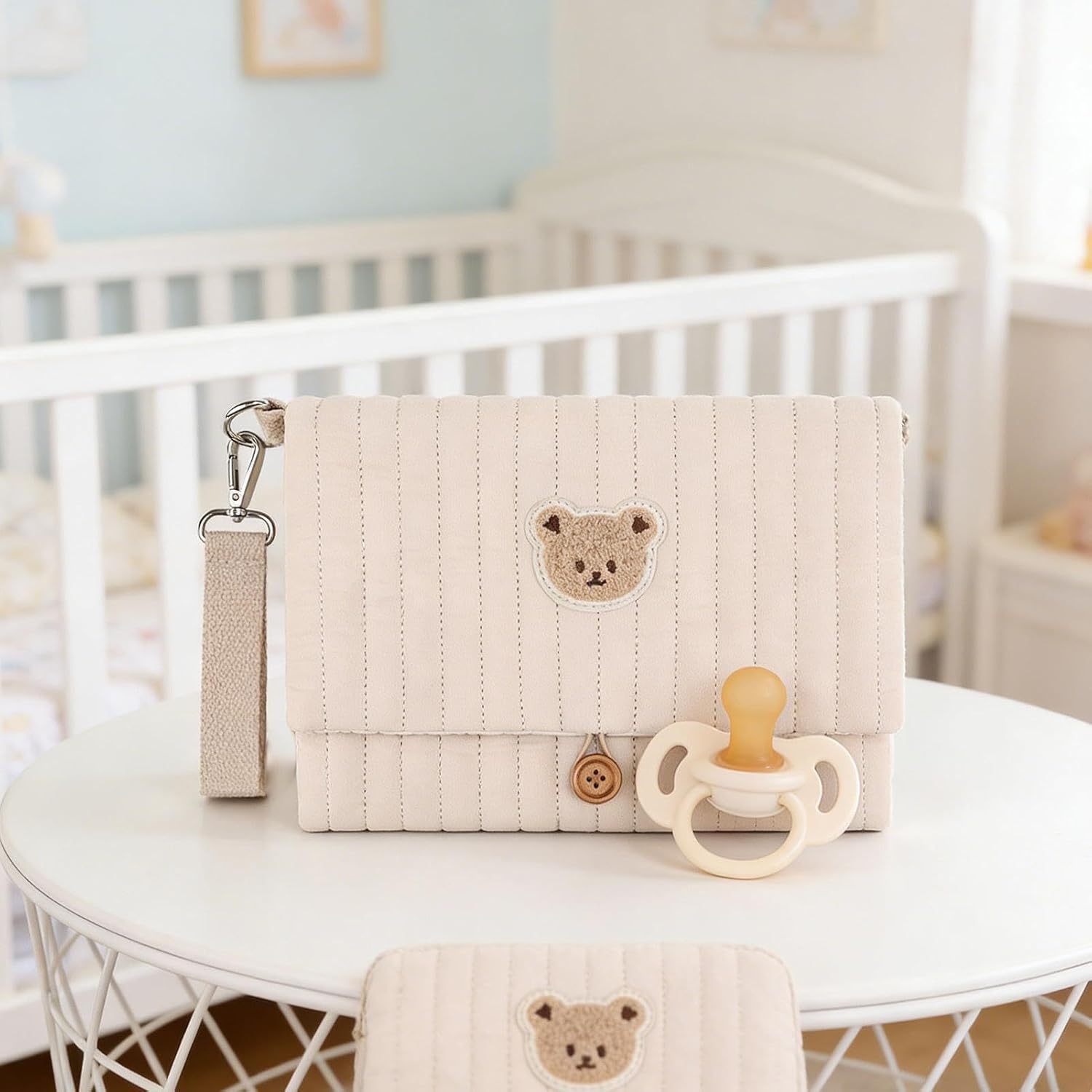 Diaper Bag Pouch | Cute Bear Embroidery Foldable Purse | with Stroller Strap Compartment Diaper Bag Organizers,for Boy Girl