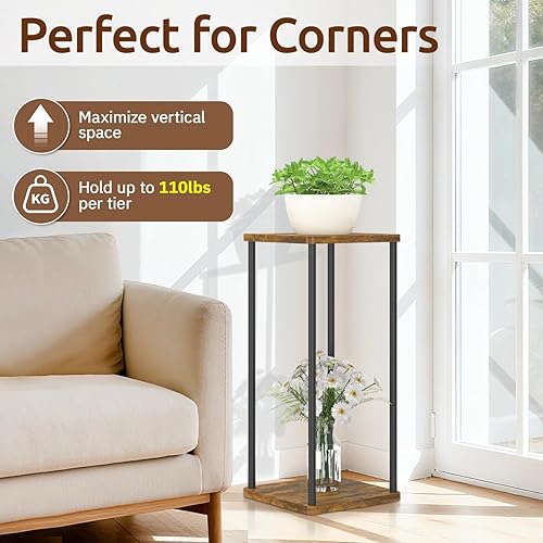 Miniatura 4 de Soporte para Plantas de 2 Niveles para Interiores, Oppro Estante Vertical de Madera y Metal de 28 Pulgadas de Alto, Mesa Moderna Negra Grande para