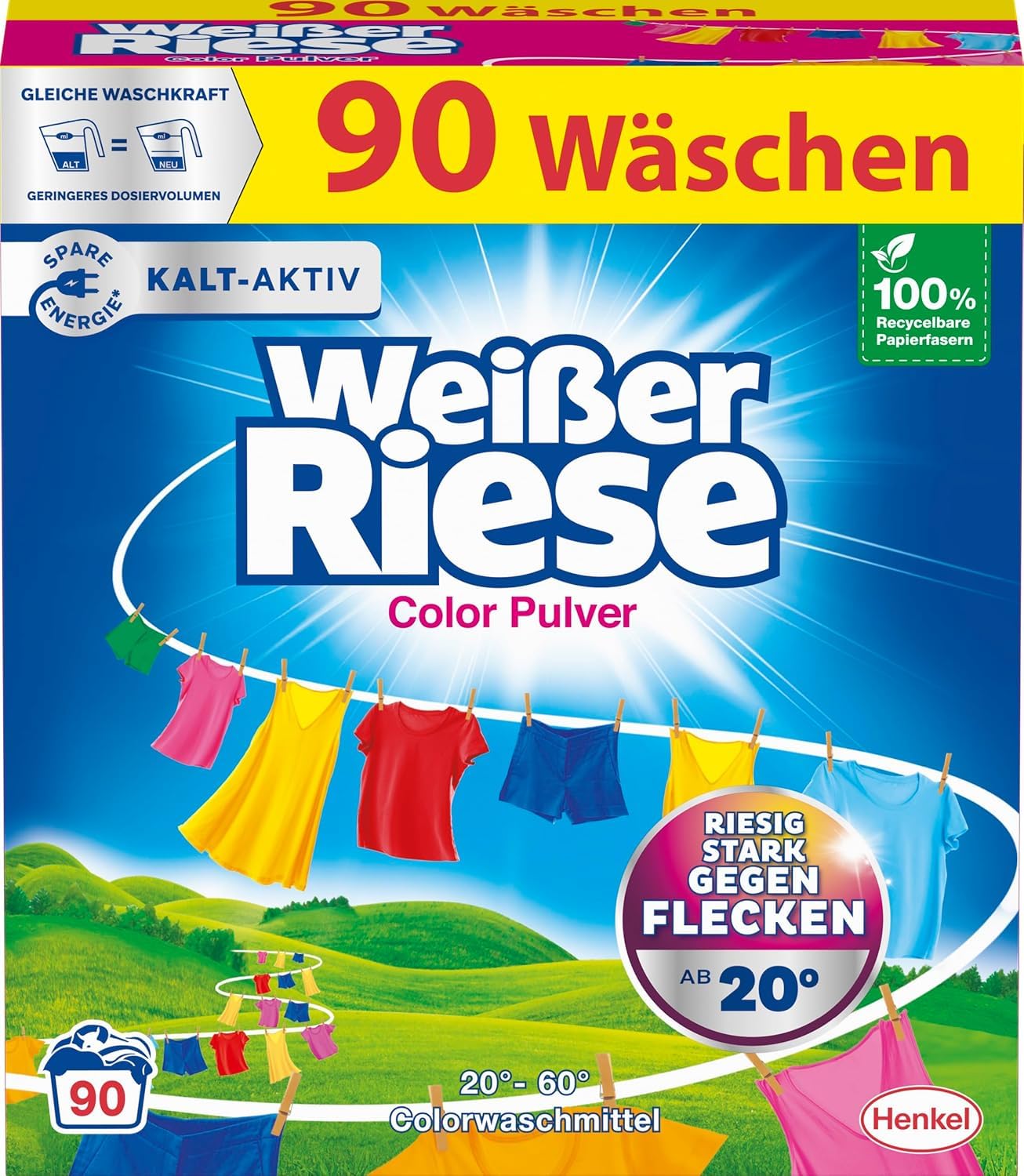 Weißer Riese Color Pulver 180 WL (2 x 90 Waschladungen), Color Waschmittel riesig stark gegen Flecken, Kalt-Aktiv schon ab 20° C, ergiebiges Waschpulver, ideal für Familien mit Kindern