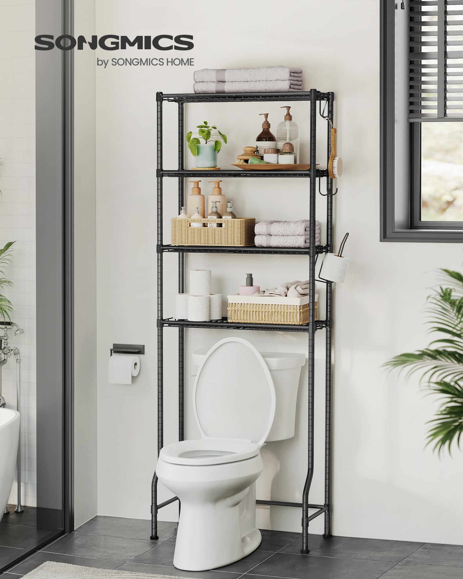 SONGMICS 4-stöckiges Toilettenregal, Badezimmerregal, Waschmaschinenregal, verstellbare Ablagen, mit Haken, Toilettenpapierhalter, platzsparend, 30 x 63 x 176 cm, schwarz BTS013B01