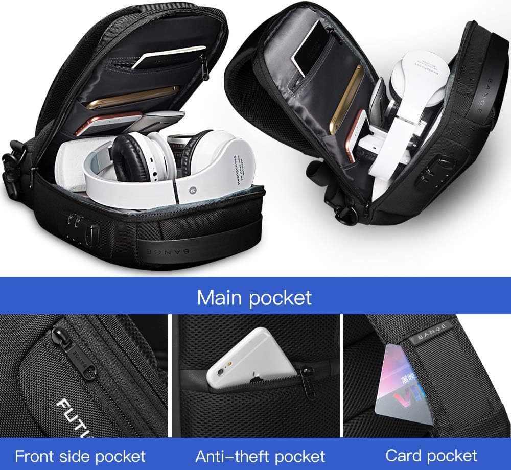 BANGE Sling Bag for Men, Waterproof Crossbody Backpack, USB Charging Shoulder Bag, Daypack for Travel, Work, Hiking - Image 3