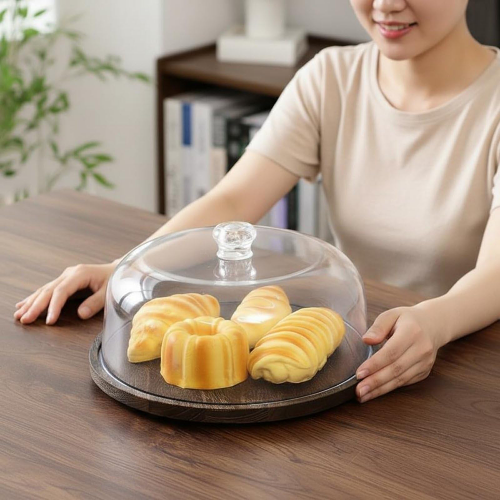 Alzata Trasparente per Torte Piatto Torta Vassoio Dessert Campana con Base in Legno Rotante E Cupola in Acrilico per Presentare Dolci E Antipasti, Stile 2