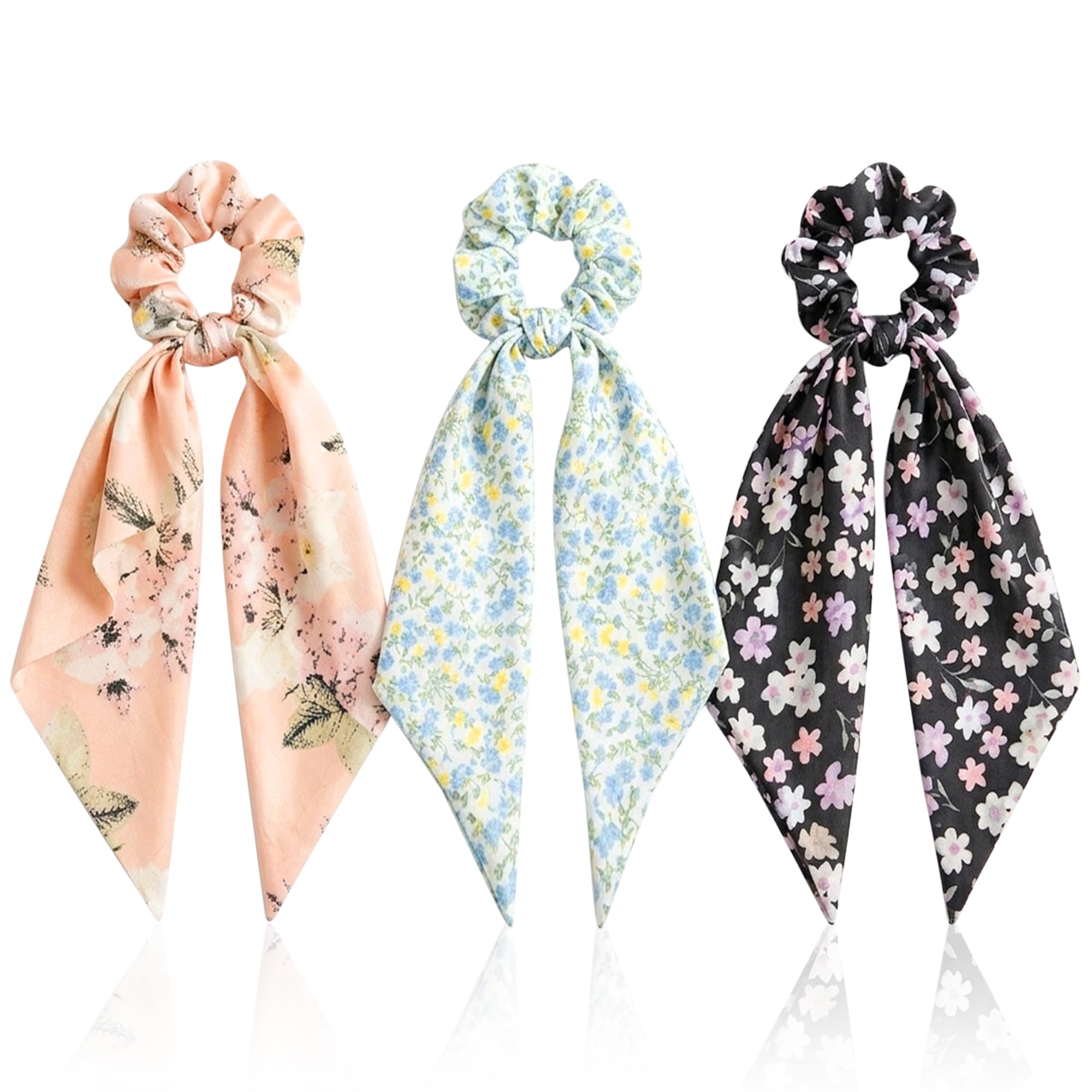 GLUN® Satin Bow Scrunchies Set of 3 (1 Pcs Each Design), Silk Hair Scrunchies with Long Ribbon Bows for Women & Girls, Soft Elastic Ponytail Holders, Floral Hair Ties for Daily Wear, Parties & Gifts-image-18