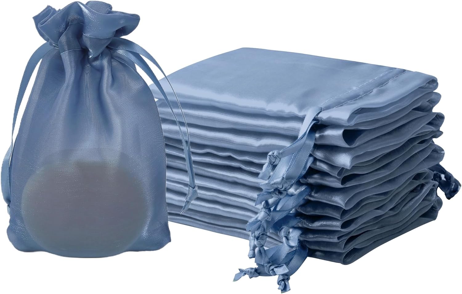 QIANF 20 Pcs Smoke Blue Small Organza Bags 4X6 inch for Wedding Favors with Drawstring, Mini Mesh Gift Bags Jewelry Pouch for Candy Bridal Shower Party Favor Baby Shower Christmas