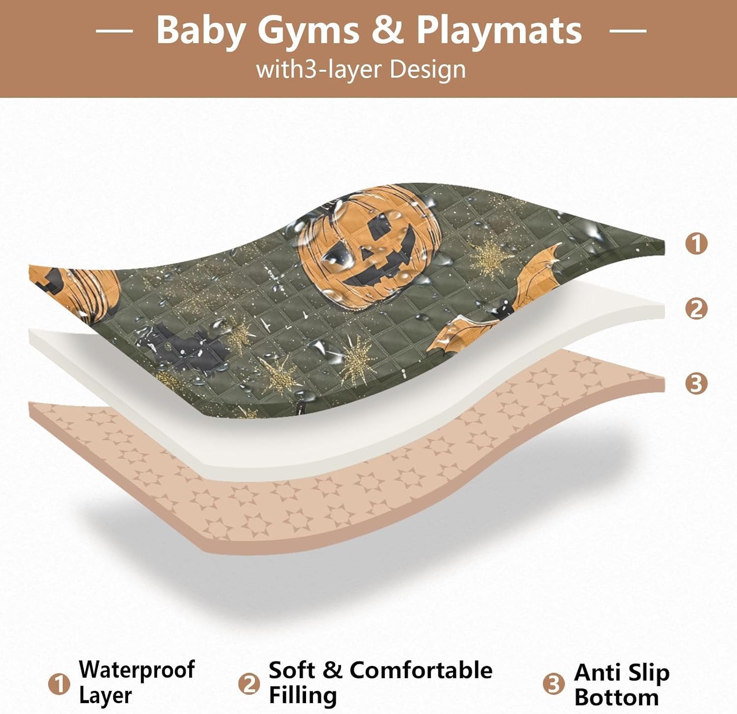 Ghost and Halloween Pumpkin Baby Play Mat, 50“ X 50” Washable Folding Crawling Mat, Baby Floor Mat, Soft, Non-Slip