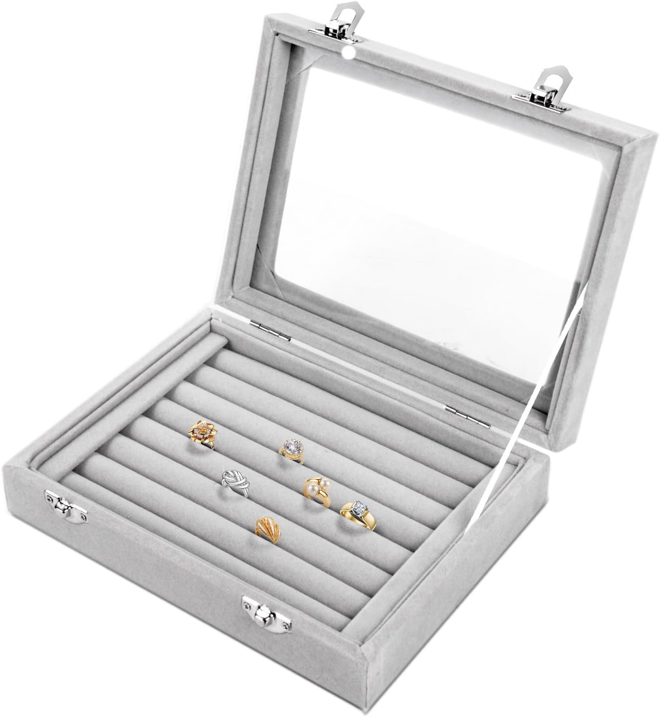 BasuwellBasuwell 24 Grid Velvet Jewelry Tray for Drawers Glass Clear Lid Showcase Display Storage Ring Trays Grey JB06