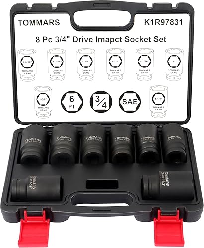 TOMMARS Juego de dados de impacto profundo Dr. de 3/4", 8 piezas SAE de 1 a 1-1/2 pulgadas de profundidad Jumbo Juego de dados de impacto Cr-Mo