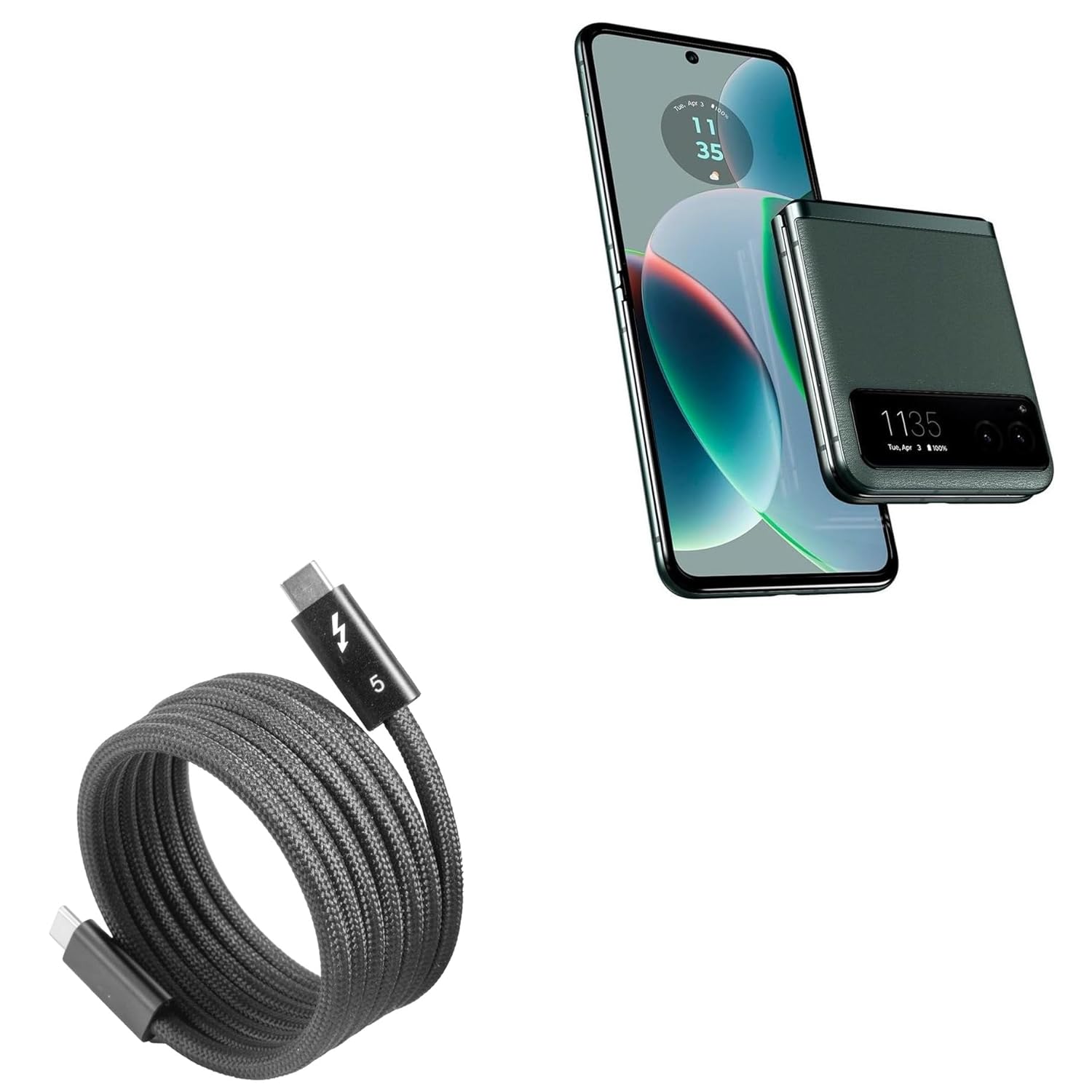 BoxWave Cable Compatible with Motorola Razr Fold - SnapWrap Thunderbolt 5.0 Cable (5ft 240W), Magnetic Self-Coiling Nylon Braided Retractable - Jet Black