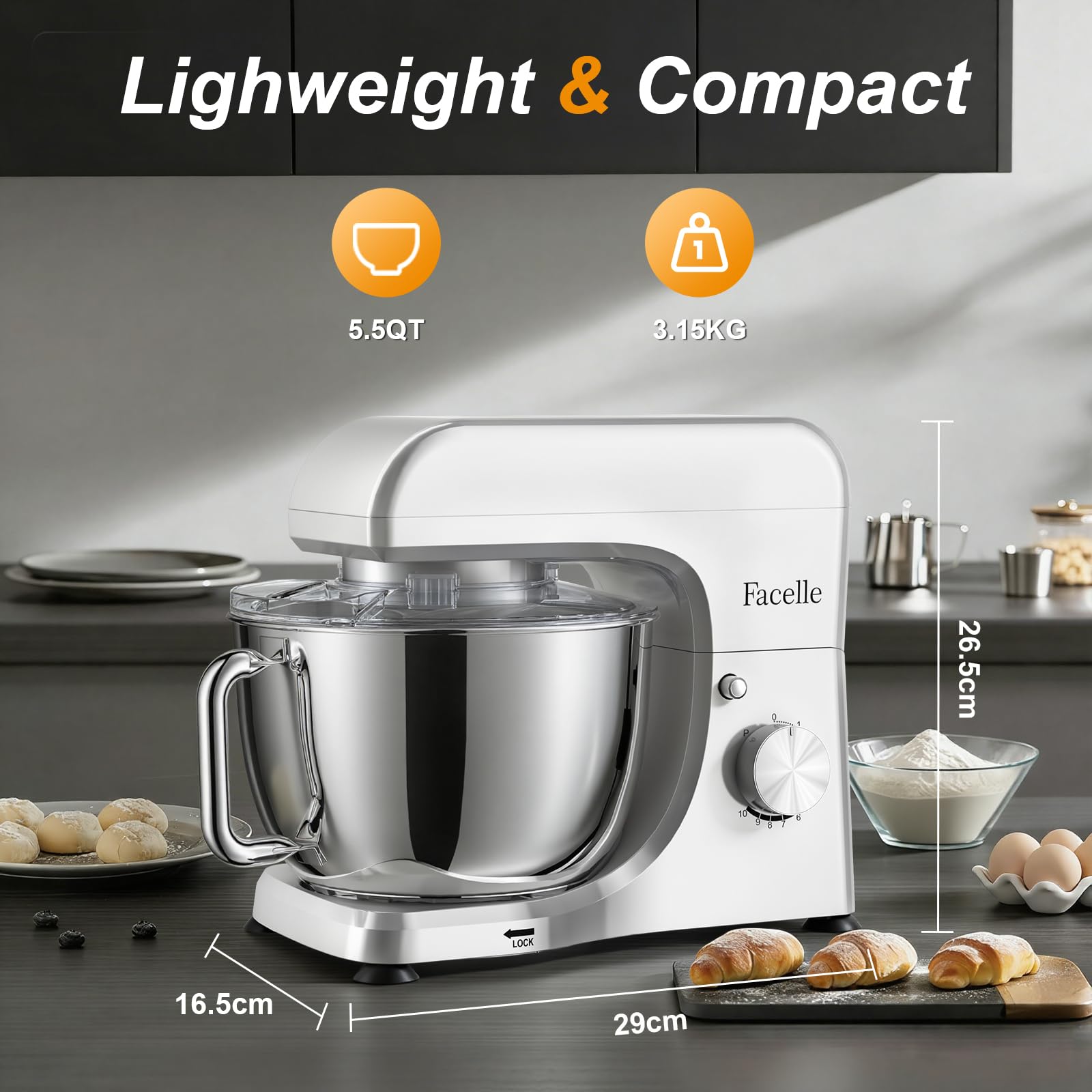 Impastatrice Planetaria Professionale, 1500W, 10 Velocità e Funzione Pulse, Contenitore Inox 5.5 L, Piedini antiscivolo, Coperchio con apertura, Uncino, Mescolatore, Frusta sbattitrice