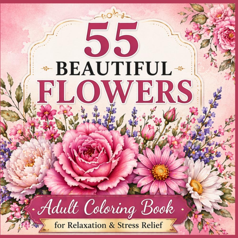 55 Beautiful Flowers: Adult Coloring Book for Relaxation and Stress Relief