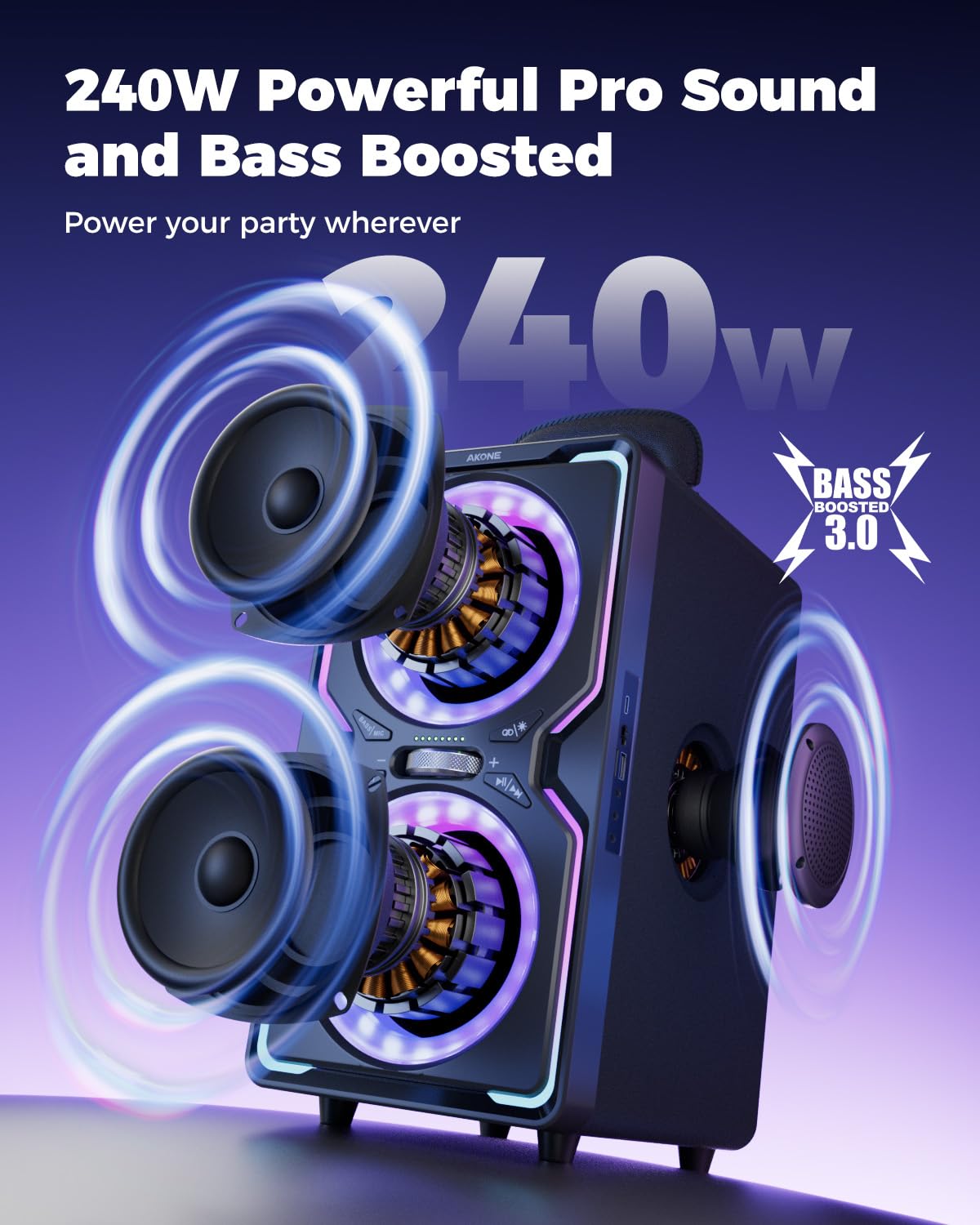 AKONE Cassa Bluetooth Potente Portatile: 240W Altoparlante Party Wireless Bluetooth Speaker, Super Natural Bass,15Hr Playtime,TWS, Luci LED Fantastiche per Feste, Campeggio, Spiaggia, Cortile