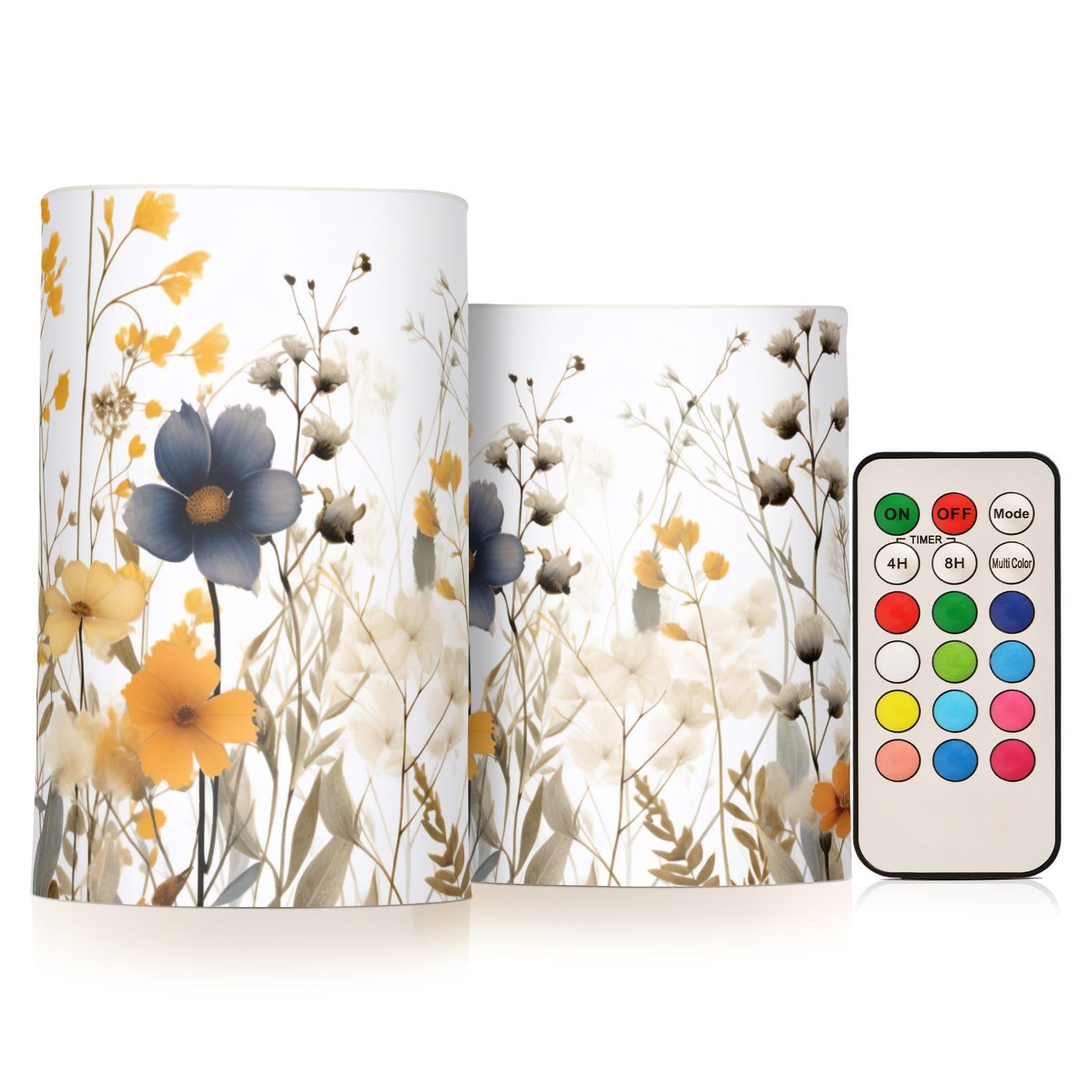 Kigai Watercolor Flowers Flameless Candles with Remote Control and Timer,Battery Operated LED Pillar Candles Adjustable Brightness for Ourdoor Indoor Use,Home Decor,2 Pack