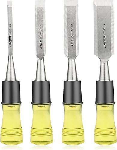 HURRICANE Juego de 4 cinceles de madera para carpintería. Cuchillas de borde biselado de acero CR-V con tapas de seguridad. Agarre extra grande,