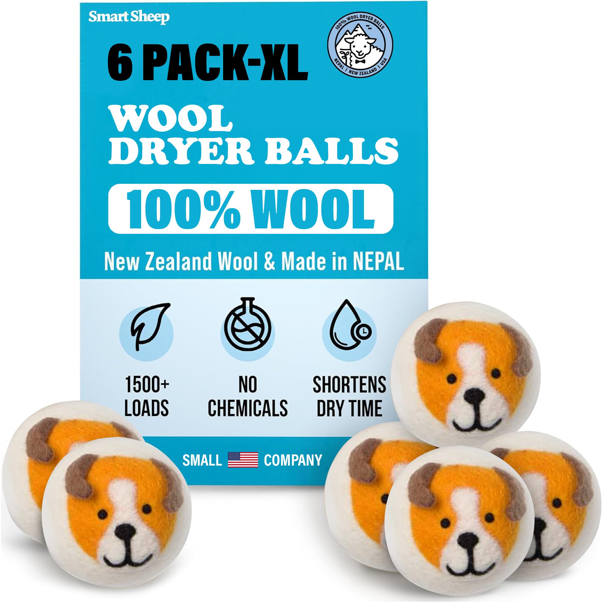 Smart Sheep Wool Dryer Balls - 6-Pack - XL Premium Natural Fabric Softener Award-Winning - Wool Balls Replaces Dryer Sheets - Wool Balls for Dryer - Laundry Balls for Dryer (Playful Pups)