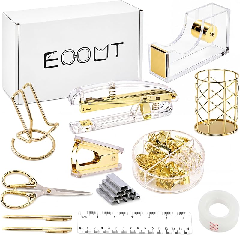 EOOUT Gold Office Supplies Set Desk Accessories, Acrylic Stapler Set Staple Remover, Phone Holder, Tape Holder, Pen Holder, 2 Ballpoint Pen, Scissor, Binder Clips, Ruler, Transparent Glue and Staples. | Clear Acrylic Desk Accessories, Organized Workspace, for Office Supplies and Daily Desk Essentials, Home Office Study