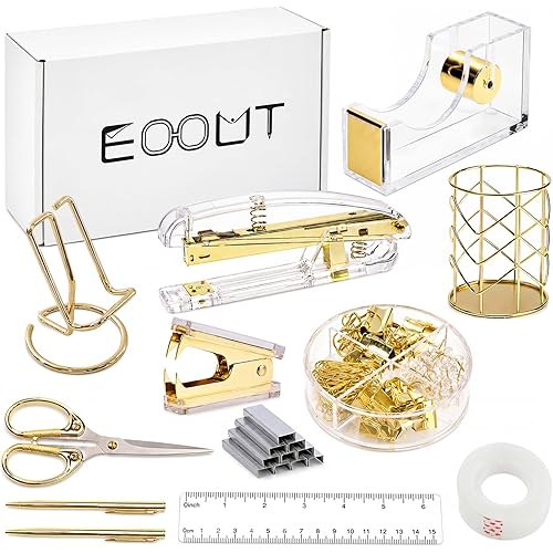 EOOUT Gold Office Supplies Set Desk Accessories, Acrylic Stapler Set Staple Remover, Phone Holder, Tape Holder, Pen Holder, 2 Ballpoint Pen, Scissor, Binder Clips, Ruler, Transparent Glue and Staples.