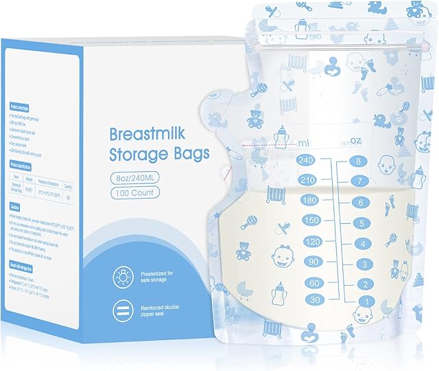 alobeby Breast Milk Storage Bags, Milk Storae Bags with Double Zip, 240 ml Breast Milk Collection Pouches, Thickened Design, Easy Write-on Label, Fits All adapters, BPA-Free, 100pcs