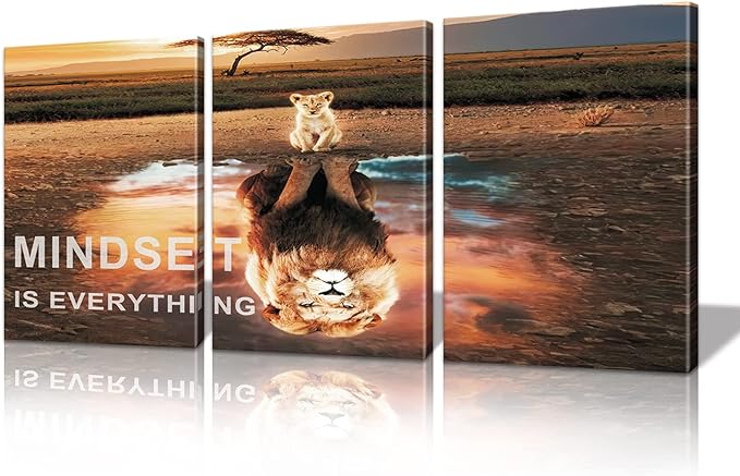 Mindset Is Everything Wall Art Lion Motivational Canvas Wall Art Posters Prints 3 Pieces Inspirational Quote Painting for Office Bedroom Decor