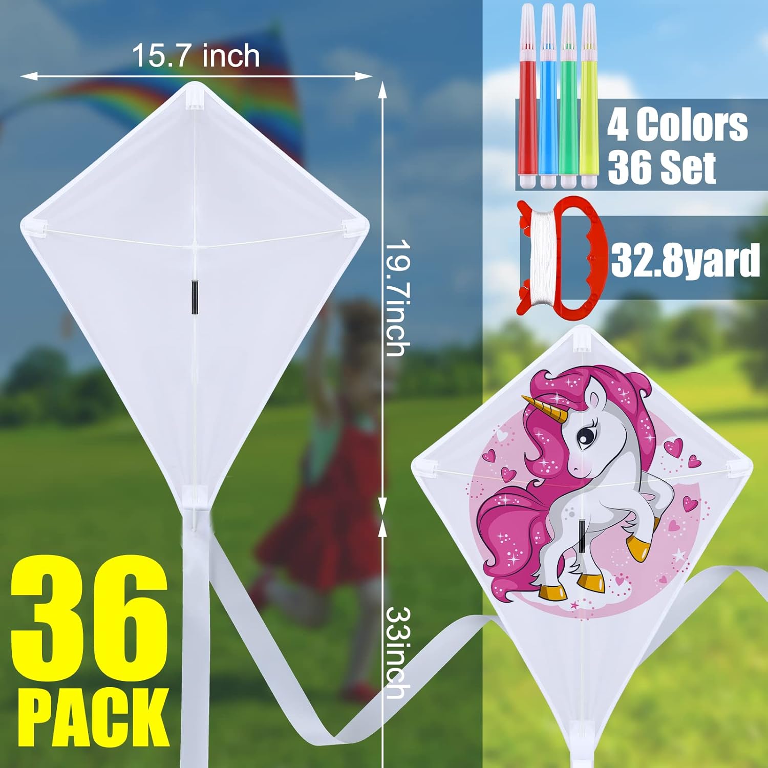 Leitee 36 Sets DIY Kites for Kids, Kite Making Kit White Blank Kites with 144 Watercolor Pens and 36 Swivel Line Decorating Coloring Kite Party Pack for Outdoor Park Grassland Games Activities