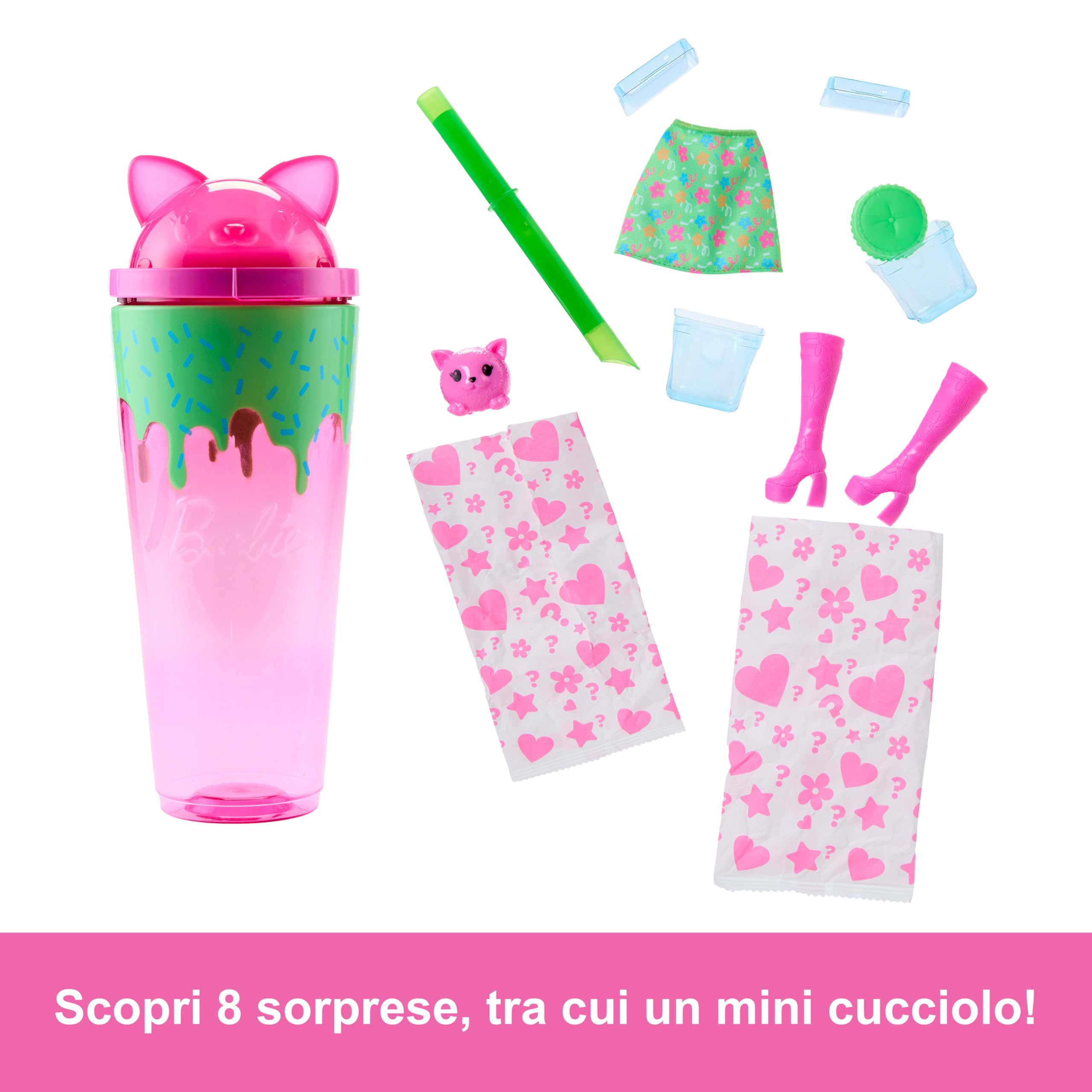 Barbie - Pop Reveal Serie Animal Party, bambola con orecchie da gattino e cucciolo incluso, 8 accessori a sorpresa con effetto cambia colore, giocattolo per bambini, 3+ anni, JCN88