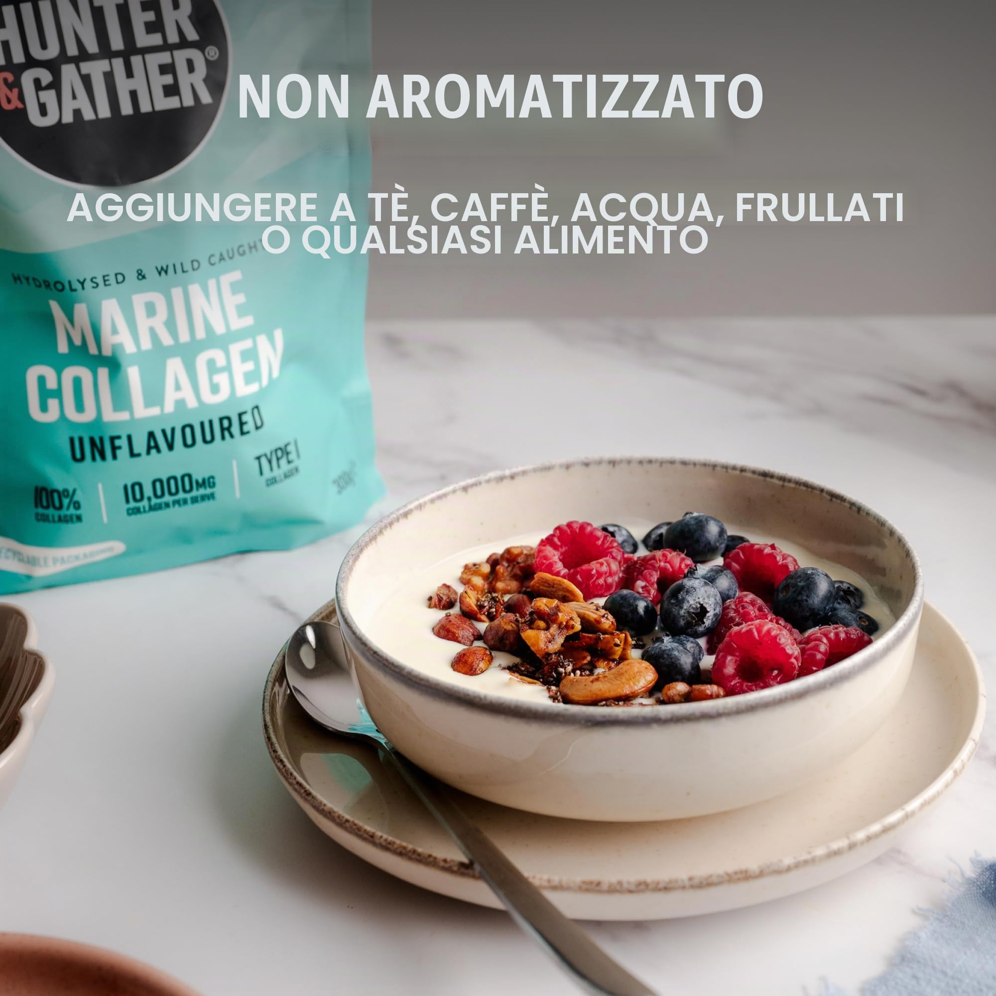 Hunter & Gather Collagene Marino 300g – Collagene idrolizzato in polvere di alta qualità insapore | Per Capelli, Pelle, Unghie e Muscoli | Sacchetto Riciclabile