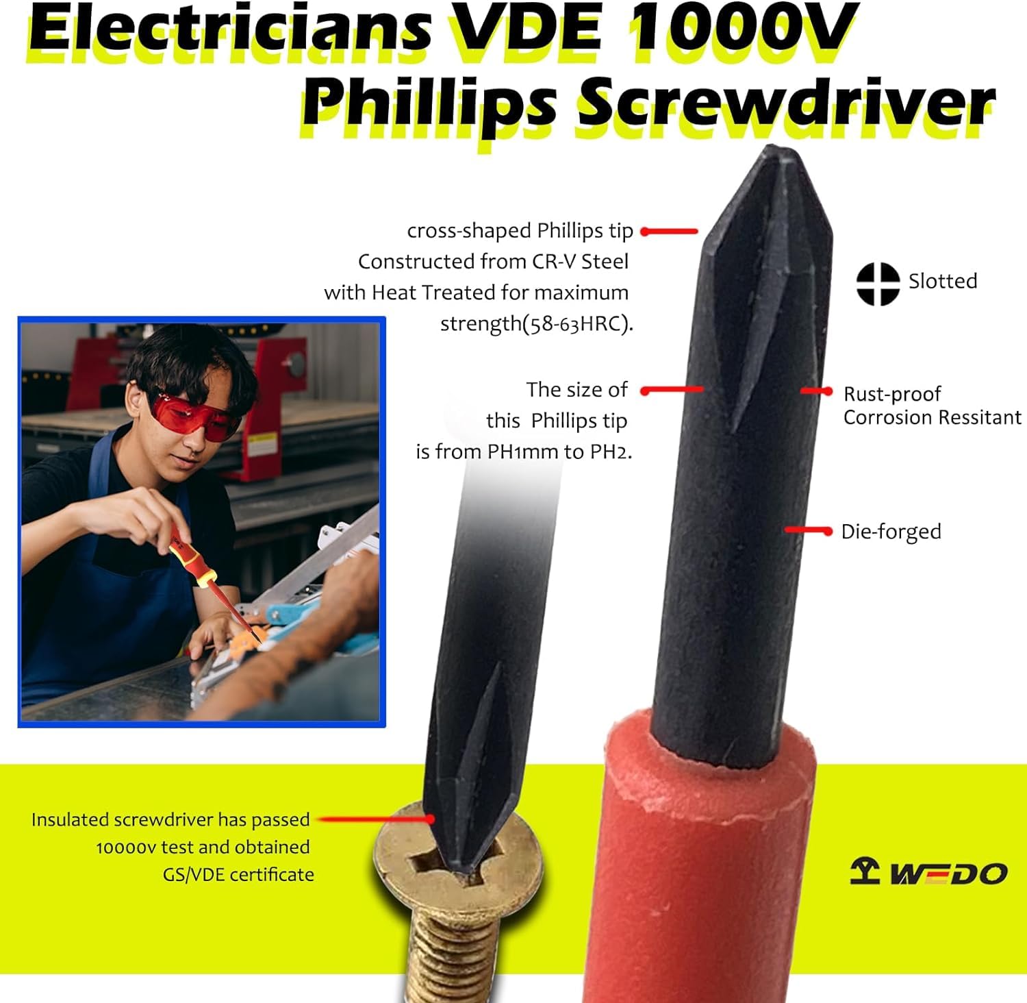 WEDO VDE - Juego de herramientas aisladas de 1000 V, 11 unidades, para electricistas con alicates, destornillador, comprobador de tensión, cinta adhesiva, IEC 60900