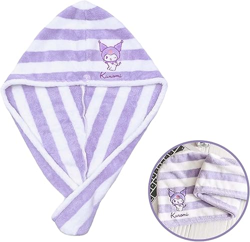 ROFOLO Toalla Kawaii de microfibra a rayas para mujer, gorro de ducha súper absorbente para cabello largo, toalla de secado rápido con botella de