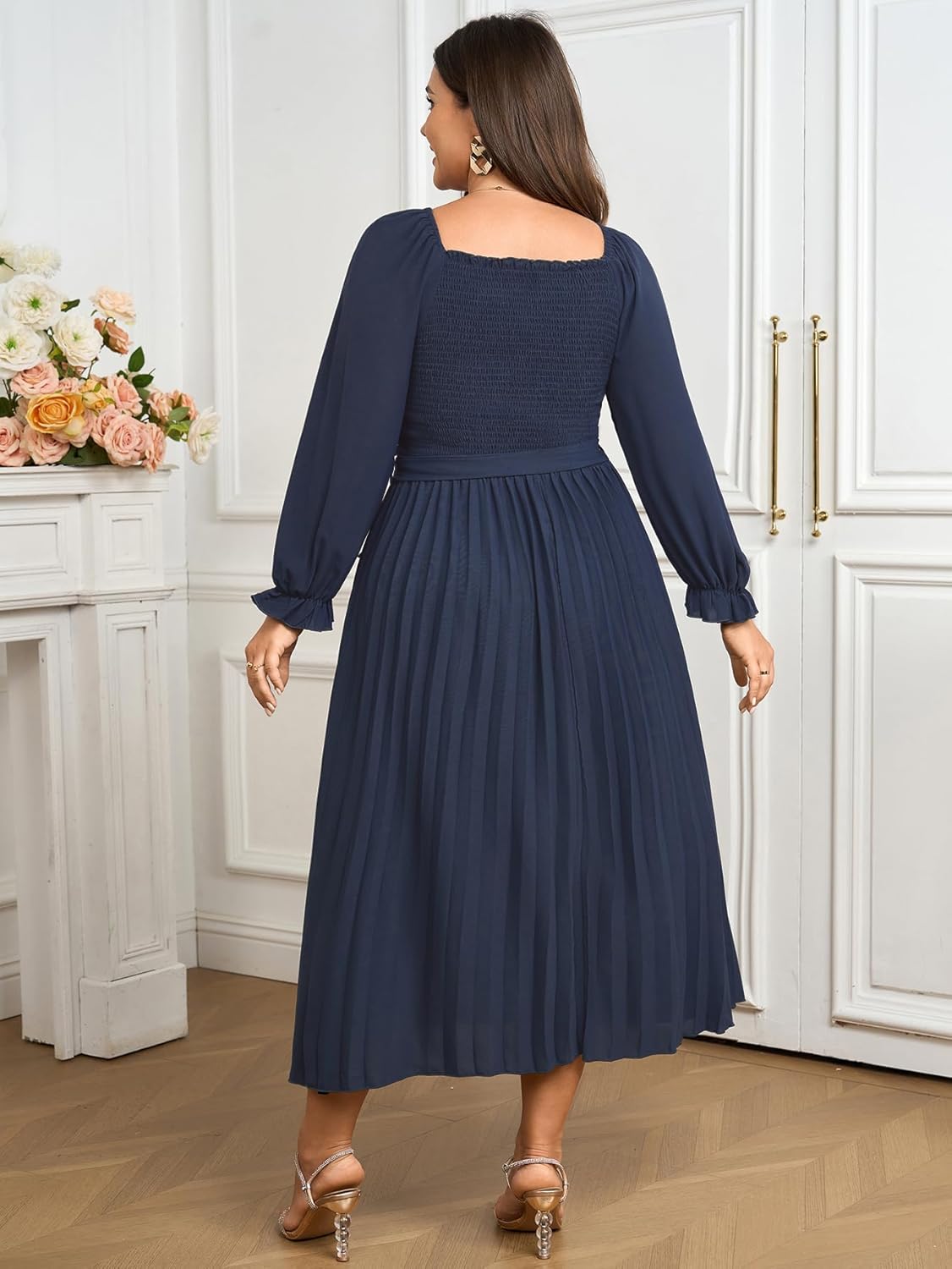 Women's Plus Size Dress Long Sleeve Smocked Square Neck Ruffle Pleated Flowy Wedding Guest Maxi Fall Dress - Image 5