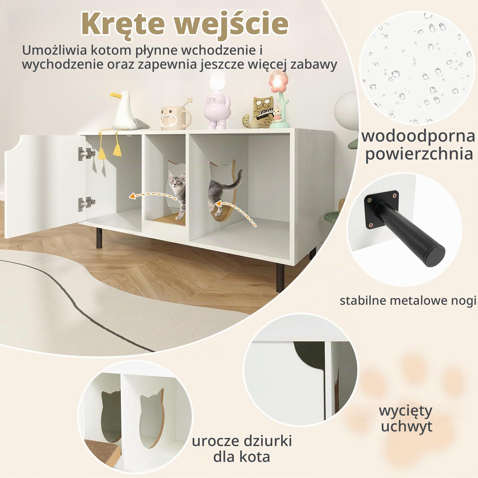 COSTWAY Kuweta dla kota, szafka z deską do drapania, wejściem, drzwiami i metalowymi nogami, stolik pomocniczy, meble dla kotów, psów, zwierząt domowych, 100 x 52 x 55 cm, biała