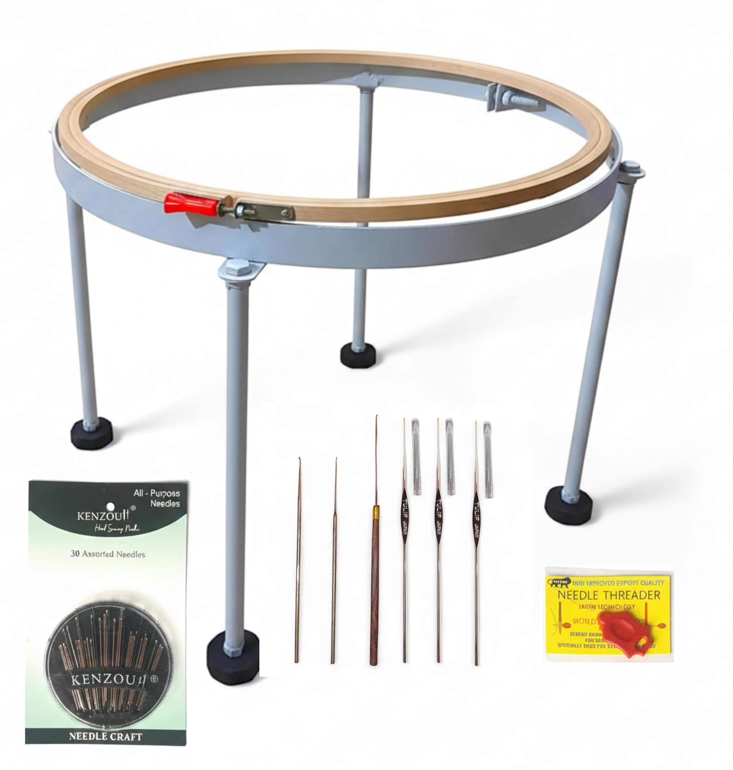 i5Mart 18 Inch Aari Work Stand (Heavy Duty Metal Base) & Round Wooden Frame Combo Kit – Includes Professional Needle Set (Iron, Zardosi, Tulip Style, Beads, Thread Needles) for Maggam Embroidery & Designer Tailoring-image-1