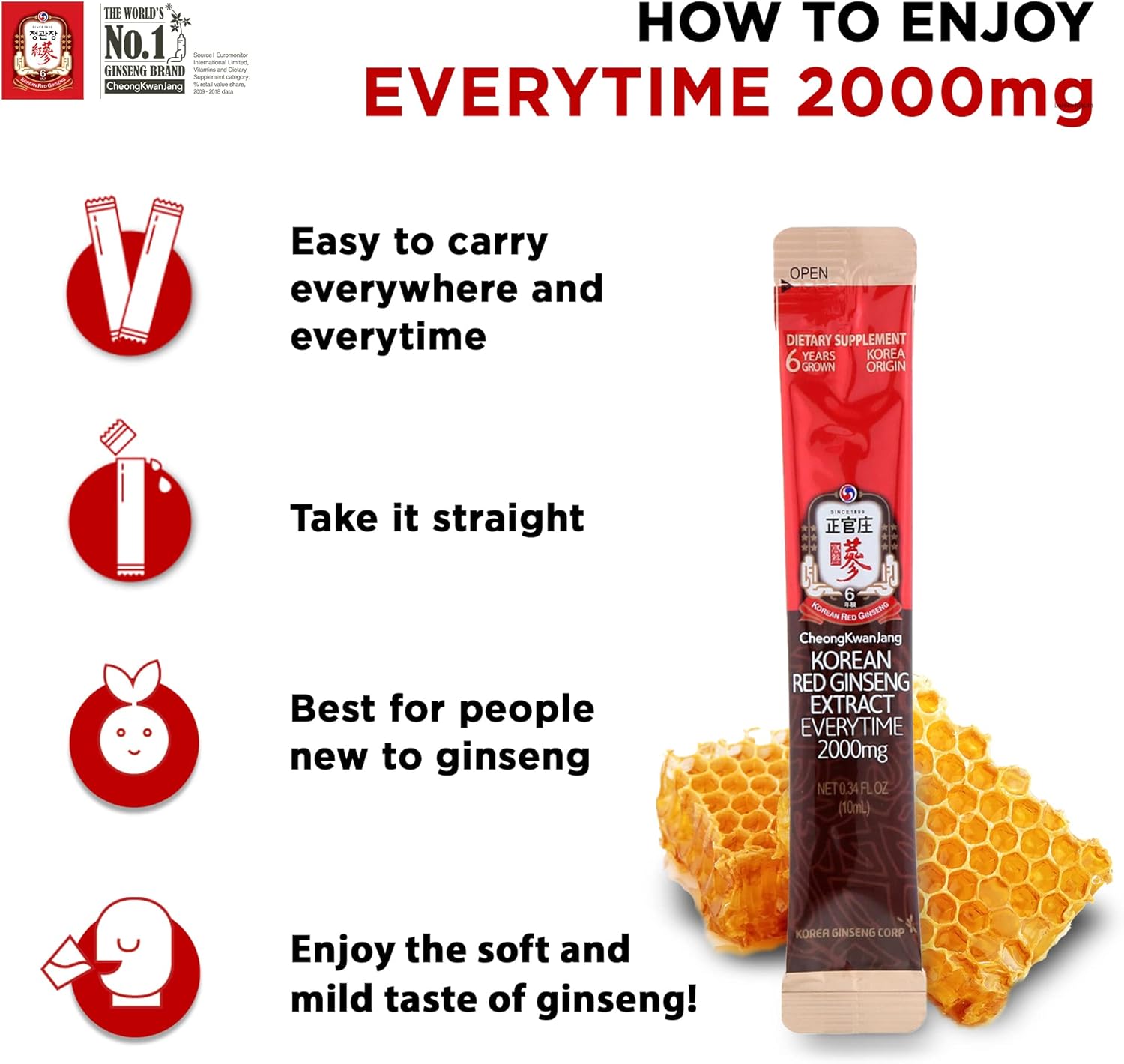 CheongKwanJang Korean Red Ginseng Extract Sticks with Propolis for Men & Women Everytime 2000mg Asian Ginseng Supplements, Natural Energy, Immune Support, Caffeine Free Coffee Alternative - 10P : Health & Household