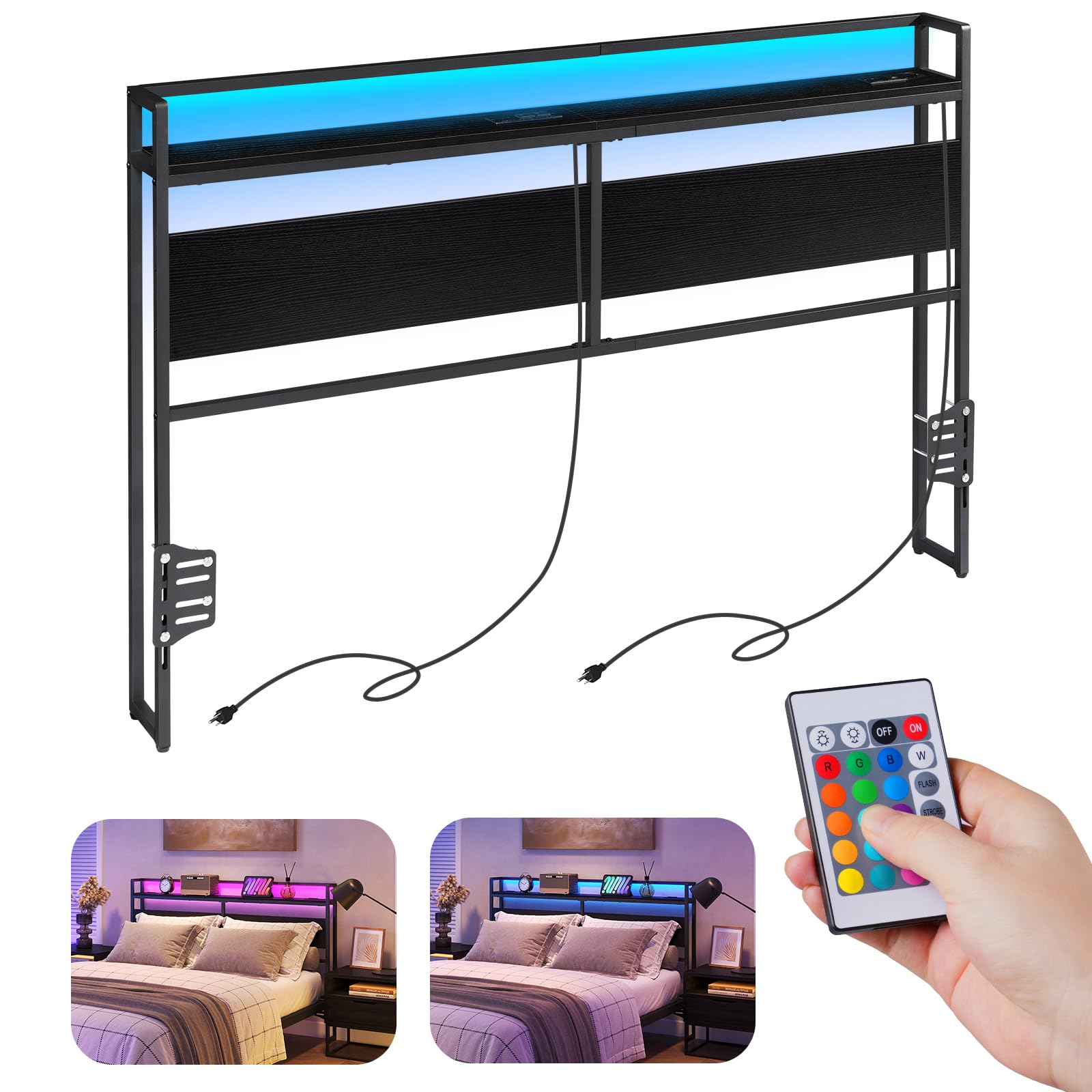 ELYKEN Headboard for Queen Size Bed, Backboard with Outlets, USB Port, LED Light, Headboard with Shelf, Freestanding Sturdy Back Board with Adjustable