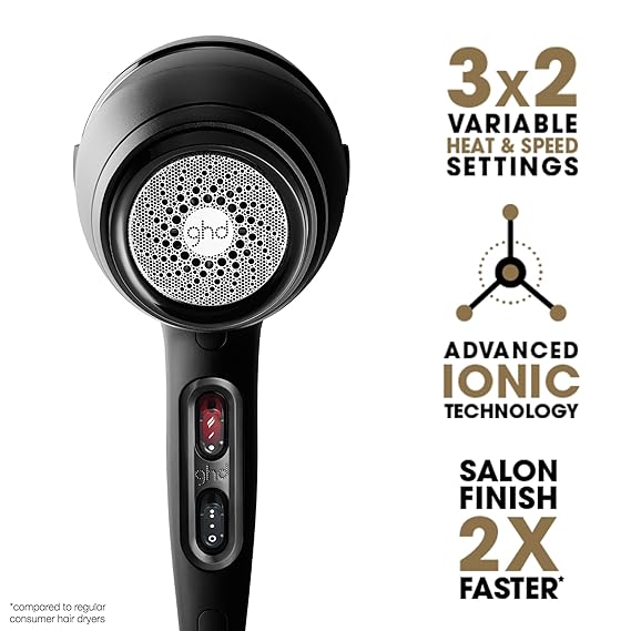 ghd Air Hair Dryer 1600w Professional Blow Dryer, Salon Strength Motor, Concentrator Nozzle, Adjustable Temperature Setting, and Ionic Technology for Super-Fast Drying Black