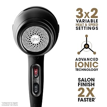 ghd Air Hair Dryer 1600w Professional Blow Dryer, Salon Strength Motor, Concentrator Nozzle, Adjustable Temperature Setting, and Ionic Technology for Super-Fast Drying Black