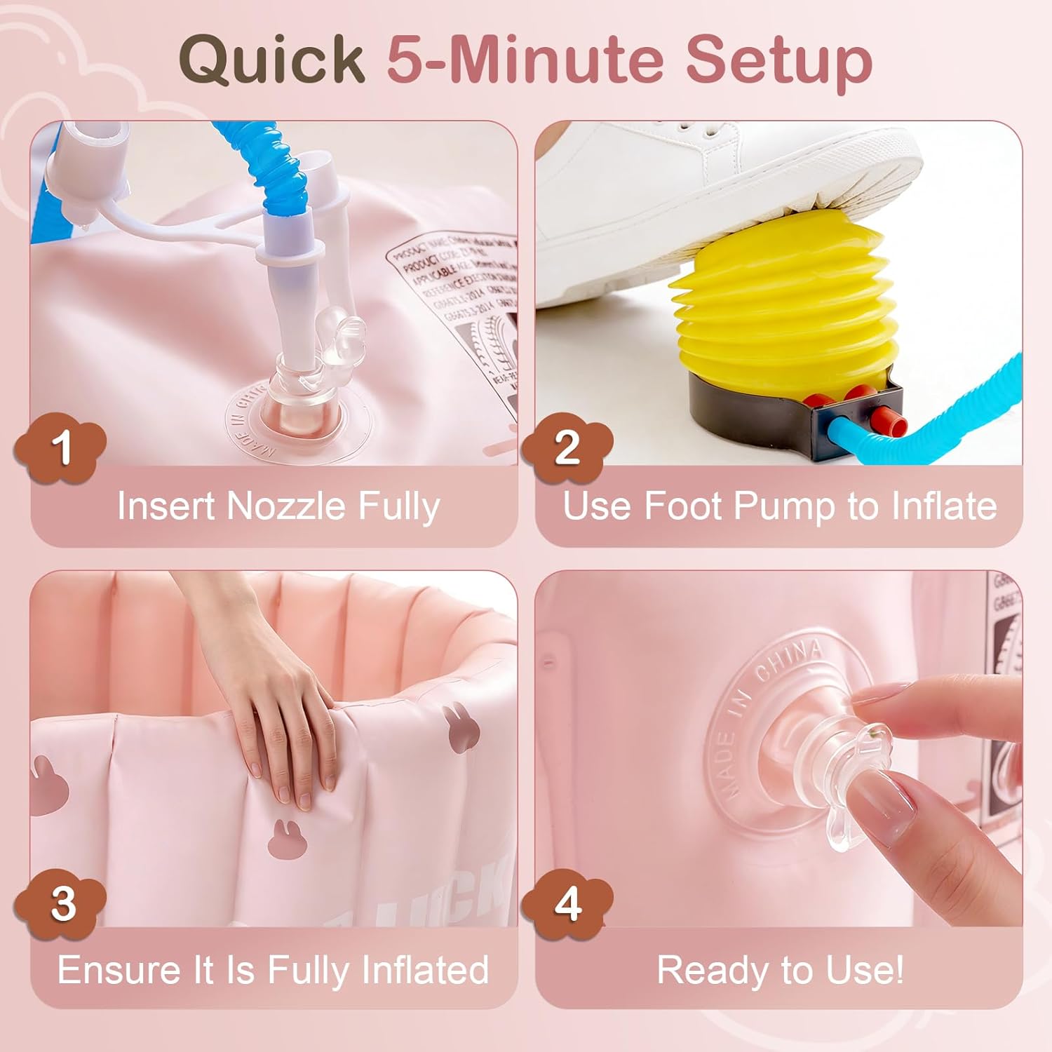 Inflatable Baby Bathtub with Seat Cushion & Air Pump, Newborn to Toddler Bath Tub, Foldable Portable Toddler Tub for Shower Sink, Non-Slip Texture, Quick-Drain, Travel-Ready, Pink