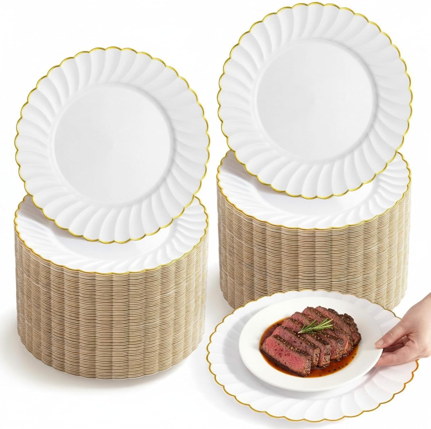 Havawish 50 Pack 13 Inch Charger Plates Bulk White Acrylic Round Charger Plates with Scalloped Gold Rim for Wedding, Holiday Party, Birthday, Anniversary Dinner Event Table Decoration