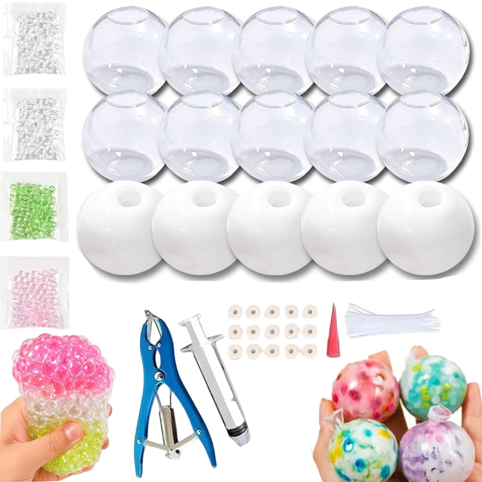DIY Stress Ball Making Kit for Kids & Adults - Premium Thick TPU Squishy Balls with Injection Tools | Customisable Sensory Fidget Craft Toy Set | 10 Clear & 5 White Shells Included，1 Set