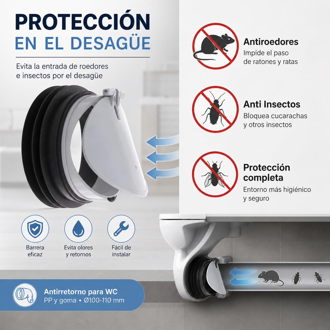 IDROSPANIA Válvula Antirretorno WC Ø110 mm Antiolores y Antiroedores | Válvula No Retorno para Inodoro y Desagüe | Barrera Anti Insectos