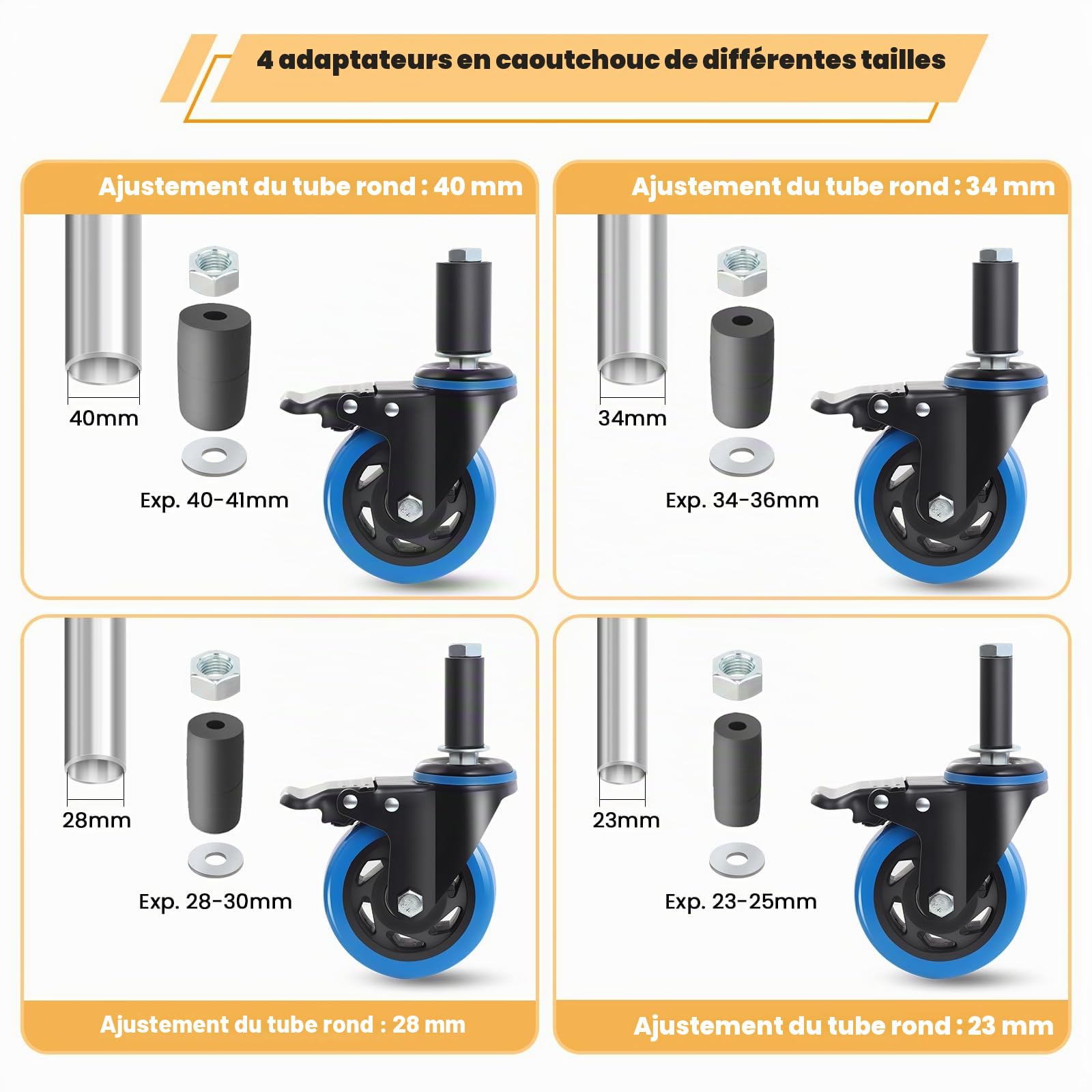 Roulettes pour meubles 100mm à tige extensible avec frein,adaptées aux tubes Ø23/28/34/40mm, capacité 500 kg pour chariot et tables inox pivotantes, bleues, lot de 4