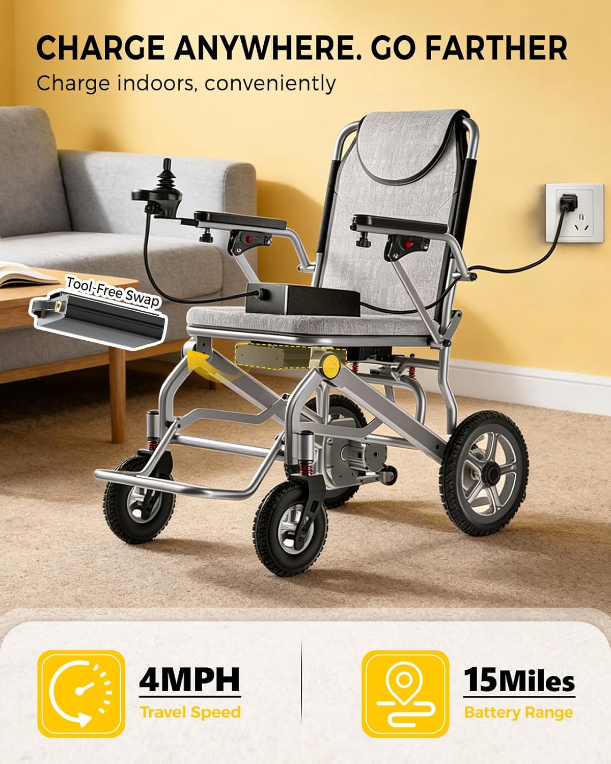 Ultralight 34lbs Foldable Electric Wheelchair for Adults, 350lbs Capacity, 500W Motor & Detachable Lithium Battery, Aluminum Frame Electric Wheelchair, All-Terrain Magnesium Wheels - Image 6