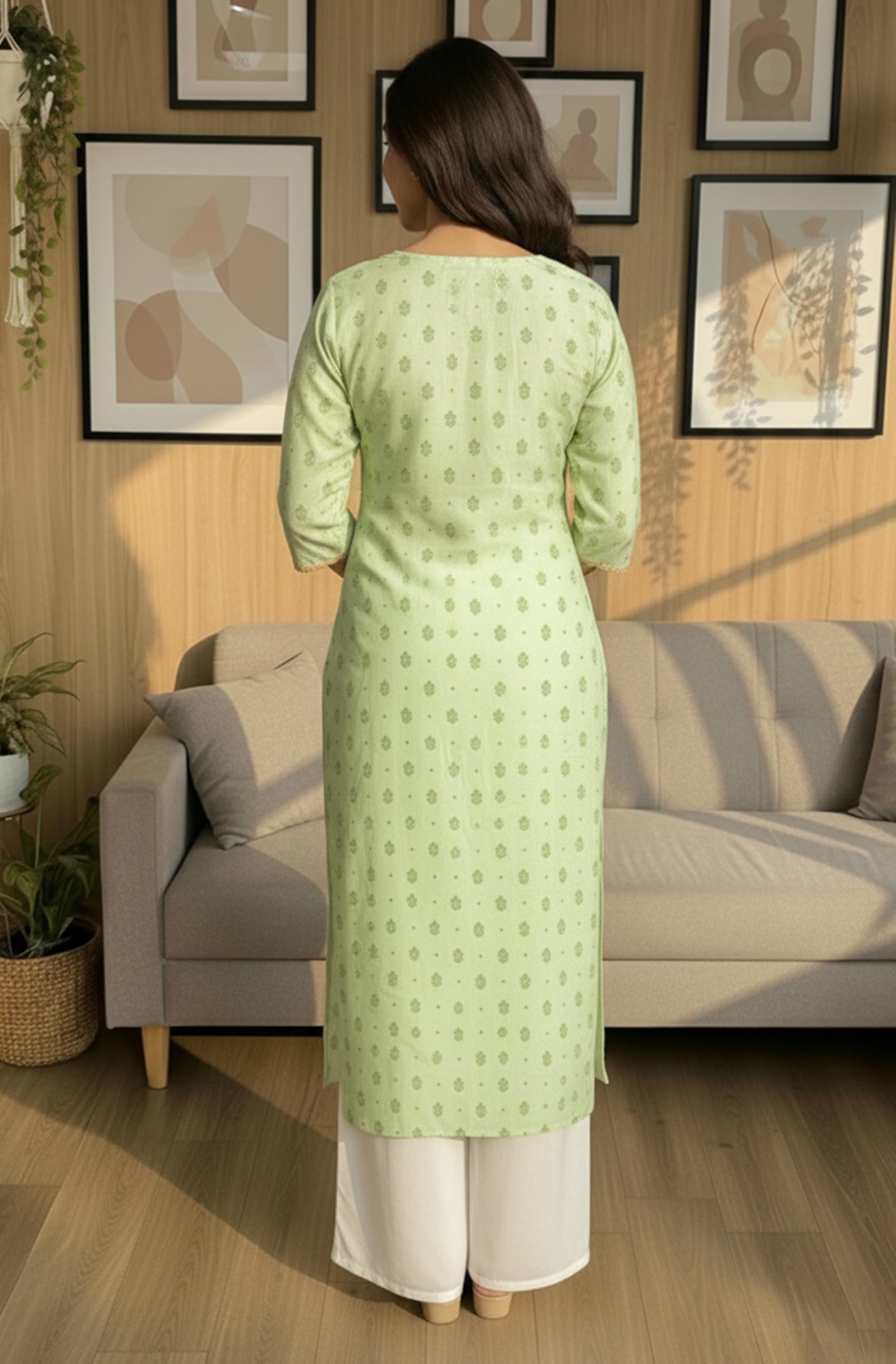 Janasya Women's Mint Green Silk Blend Foil Printed Straight Kurta product image 3