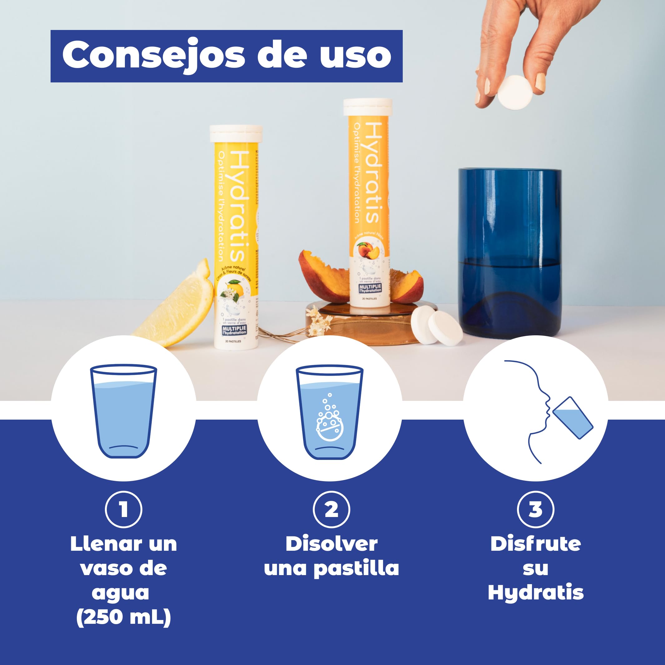 HYDRATIS - Pastillas efervescentes con electrolitos - Melocotón - Optimiza la hidratación - Rico en minerales - Bajo en azúcar - Sabores suaves - Deporte, calambres, recuperación - 160 pastillas