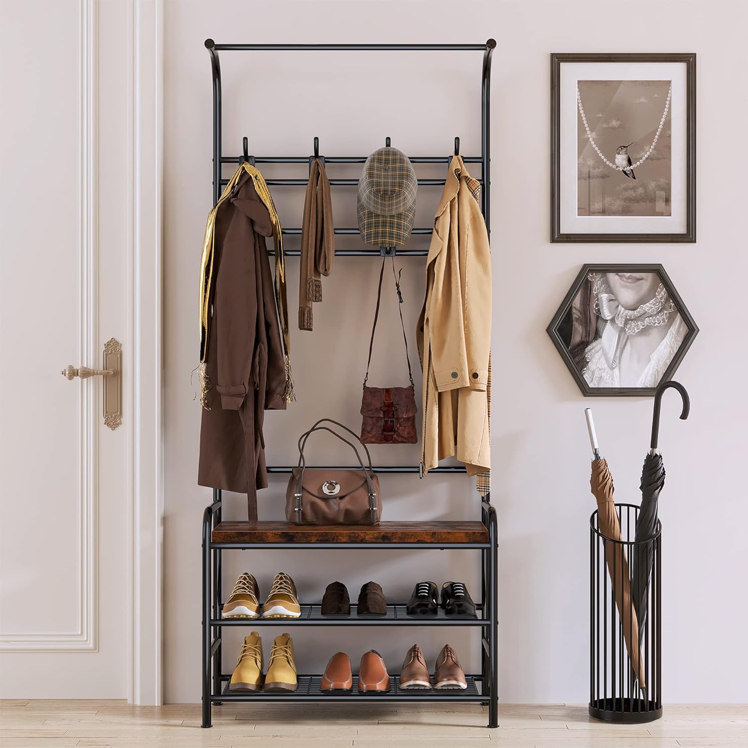 Porte-manteau 4 en 1 gain de place avec meuble à chaussures et crochets pour entrée
