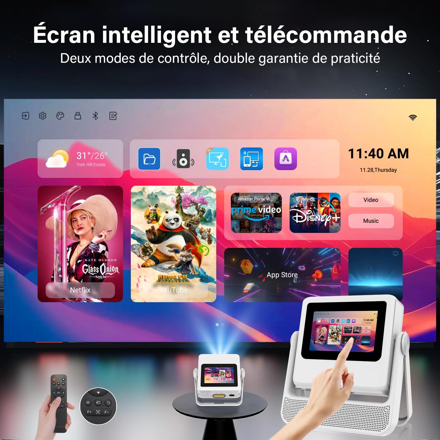 Mini proiettore Smart con supporto 4K con touchscreen, messa a fuoco automatica e correzione trapezoidale, WiFi 6 Bluetooth HDR10+, 1000+ app, doppio display