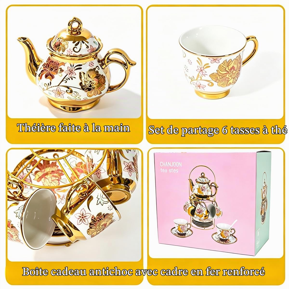 Service à thé en céramique rose rouge plaqué or, service à thé vintage avec théière, beau service à thé servant 6 personnes (pink, Medium)